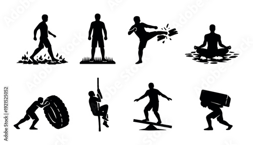 Silhouetted people performing obstacle course actions on dark background