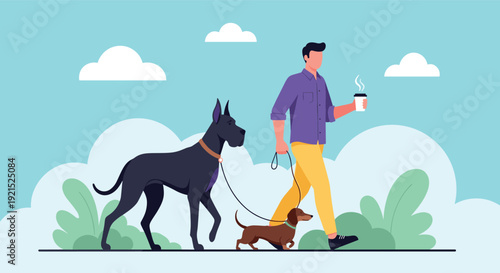 Man Walking Two Dogs With Coffee Cup Flat Vector Illustration Outdoor Pet Owner Lifestyle Scene