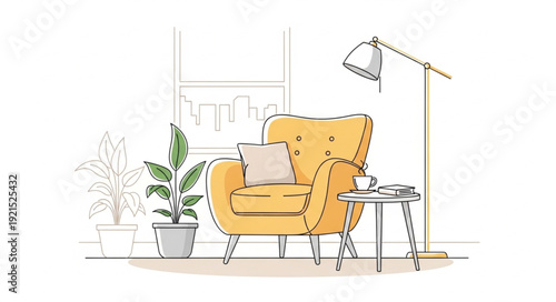 Cozy Yellow Armchair with Lamp and Plant in a Sketch Style.