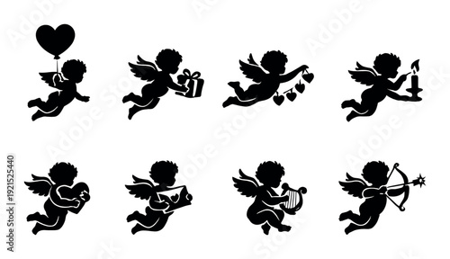 Cupid silhouettes with harp and bow elements on background