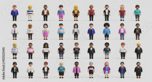 Collection of Diverse 3D Pixel Art Characters in Casual and Formal Attire.