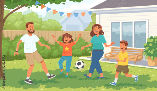 Happy family playing ball in the backyard. Vector illustration in cartoon style