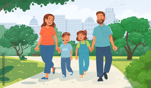 Happy family strolling in a city park. Vector illustration in cartoon style