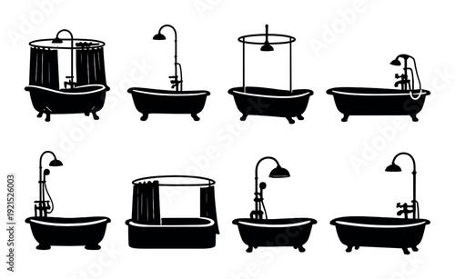 Multiple bathtubs and shower fixtures arranged in grid on backdrop