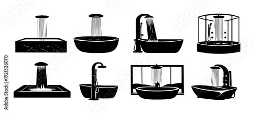 Varied bathtub and shower designs shown as dark silhouettes