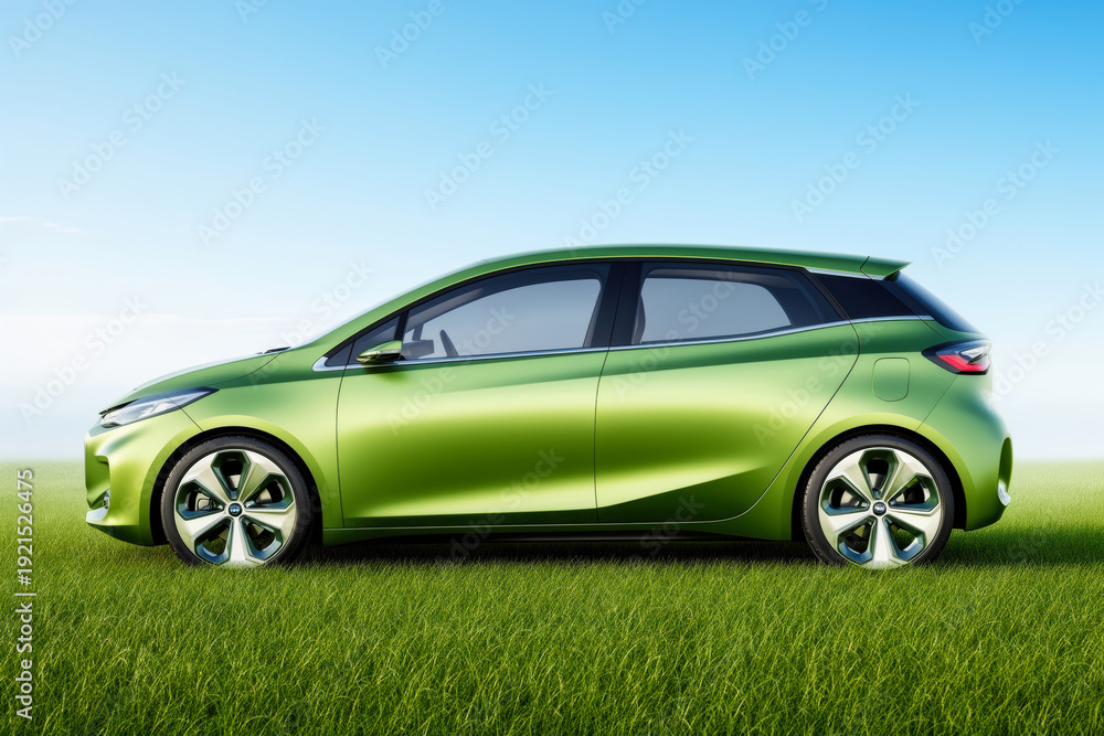 Naklejka premium Eco-friendly green hatchback cruising on vibrant grass field under clear sky, symbolizing sustainable mobility and modern freedom