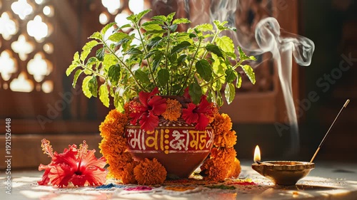 Tulsi Plant Decorated With Flowers And Lit Diya With Incense Smoke In Warm Sunlight