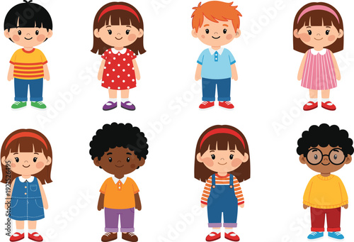 Diverse group of eight cartoon children standing and smiling in colorful clothing