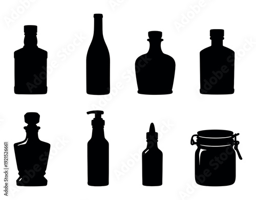 Assorted bottle silhouettes arranged on black vertical backdrop
