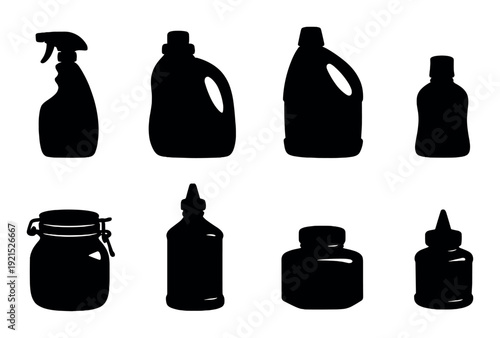 Household bottle and jar silhouettes arranged on gray background