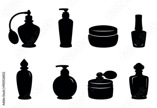 Various cosmetic bottles and jars displayed on dark background