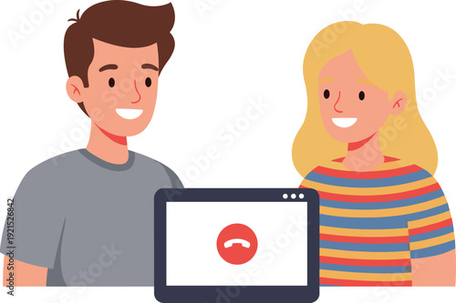 Man and woman smiling with laptop showing call end button couple