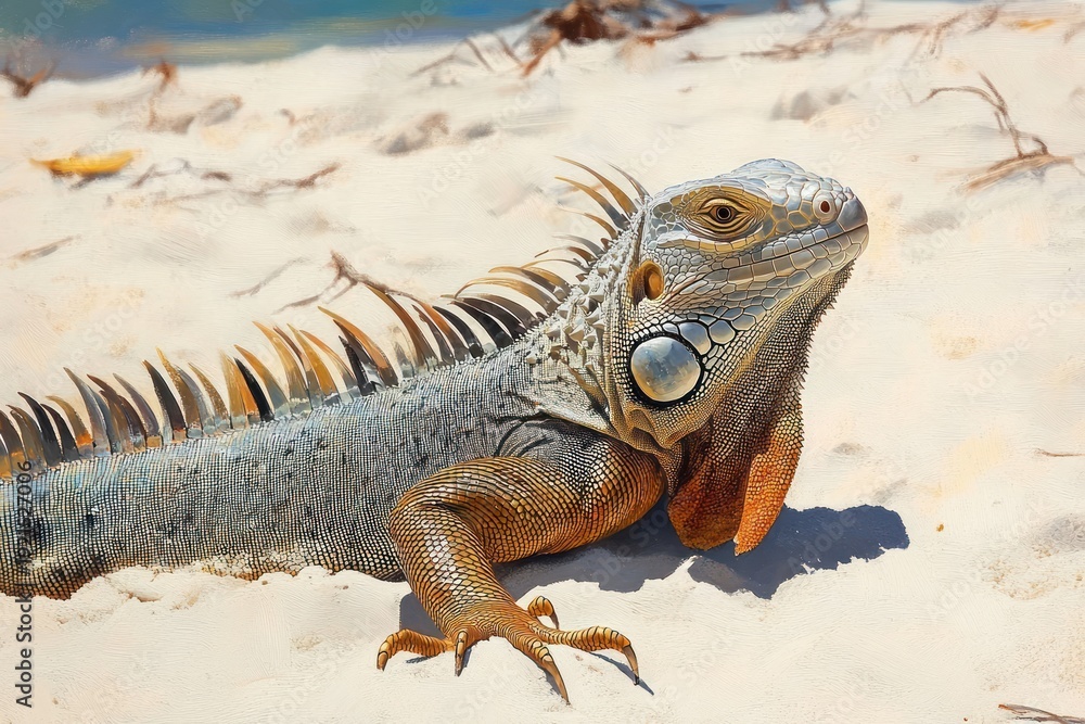 Fototapeta premium Sunlit green iguana with orange dewlap and spiky crest basking on white sandy beach, calm alert expression