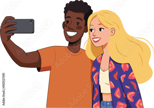 A smiling man and woman taking a selfie together with a smartphone couple taking man