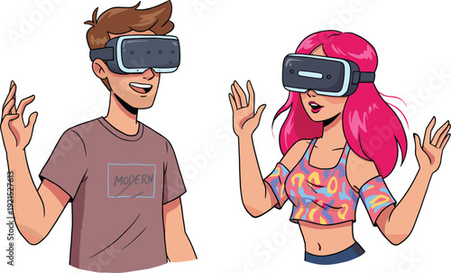 Cartoon man and woman wearing virtual reality headsets and gesturing with hands goggles