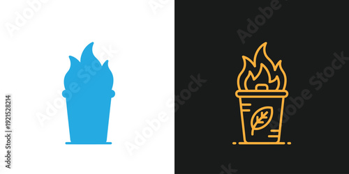 Contrasting illustrations of a simple trash can icon with flames, one in blue on a white background and the other in orange on a black background, showcasing different design styles and color schemes.