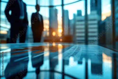 Wallpaper Mural Reflections of a city skyline on a glossy meeting table with business charts and two silhouetted professionals in a contemplative sunset office Torontodigital.ca