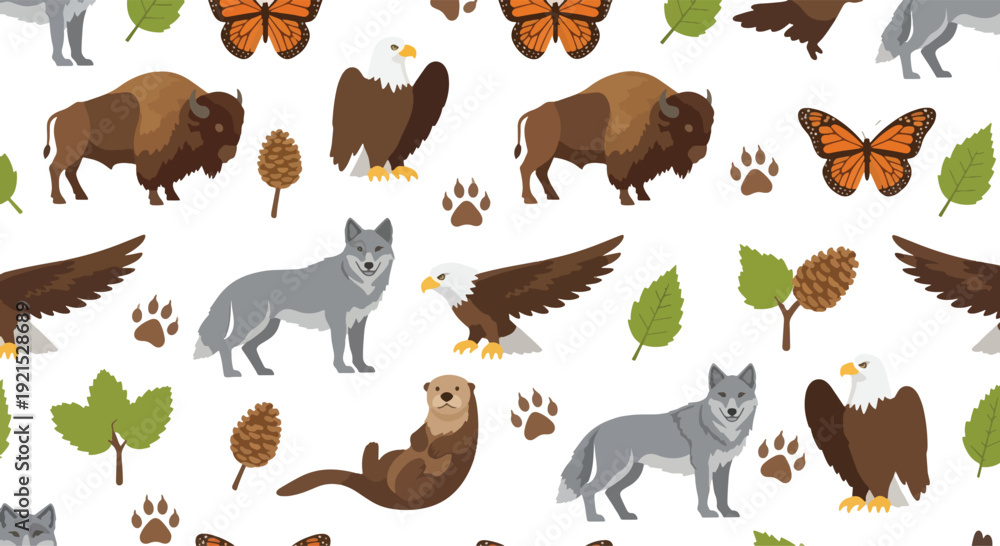 Fototapeta premium Woodland Animals Seamless Pattern with Fox, Bear, Deer, Owl and Leaves on White