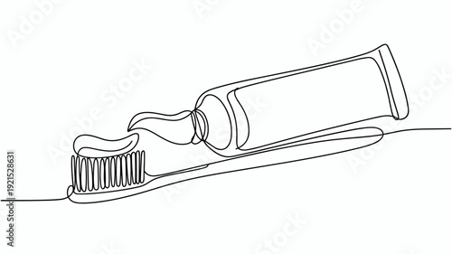 Creative toothbrush and toothpaste tube continuous one line drawing for daily care minimalist vector illustration
