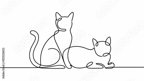 continuous single one line art drawing back view of Two cats, minimalist design ,minimalism animal pet of cat illustration.