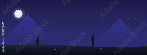 Minimalist vector illustration of two pyramids under a full moon and starry night sky, with subtle light reflections on the dark ground in a deep indigo and violet color palette.