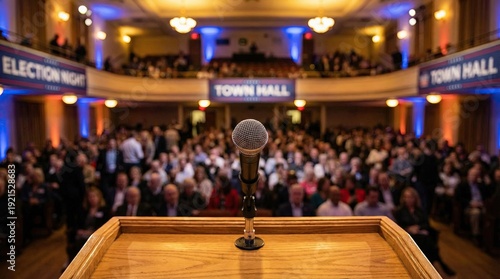 Town hall election meeting with blurred debate scene concept. A close-up of a microphone ready for a town hall meeting audience.
