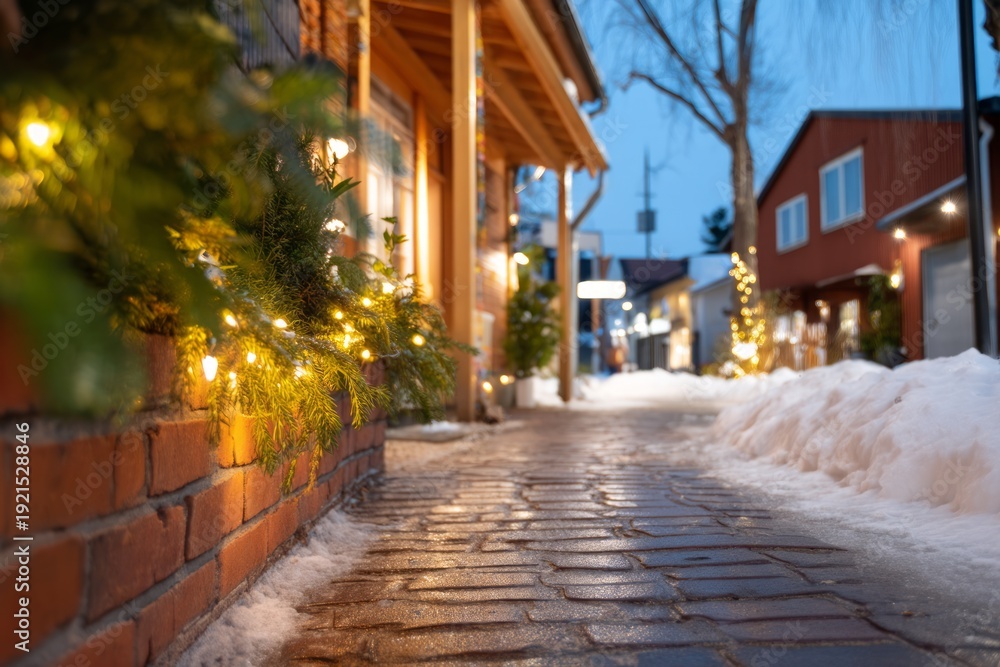 Fototapeta premium Serene Snowy Alleyway Adorned with Subtle Holiday Lights in Winter Evening Atmosphere