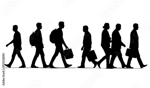 Busy City Crowd Walking in Opposite Directions Silhouette Vector Illustration