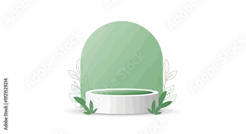 Minimalist green background with white podium and leaves illustration.