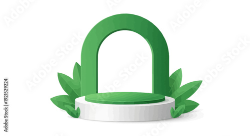 Green open lock icon on a white pedestal with leaves.