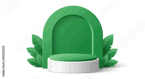 3D rendered green arch and podium with leaves.