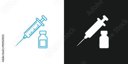 Medical syringe and vial illustration, symbolizing healthcare and vaccination, displayed prominently in a simple graphic design on contrasting backgrounds