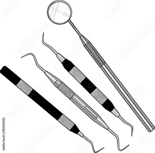 Dental Tools Set Including Mirror And Scaler Instruments Medical Equipment Vector Illustration