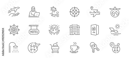 Travel and tourism line icons set. Vacation, airline flight, hotel booking and world destination