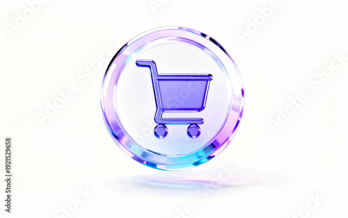 Vector 3D illustration of a glass icon with a supermarket grocery cart symbol on a white background.