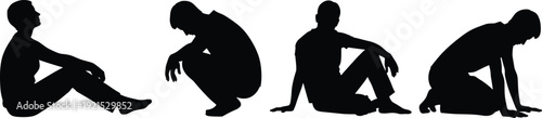 Vector illustration set of seated and crouched posture silhouettes with expressive body language, emotional design decorative motifs