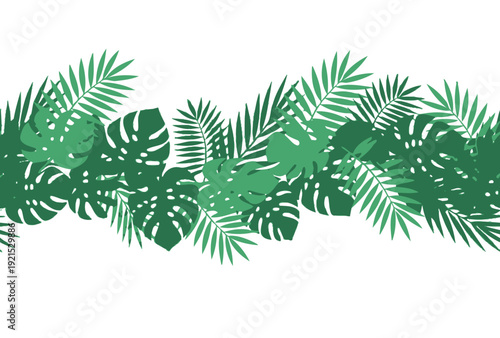 Horizontal border of green tropical monstera and palm leaves