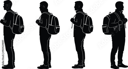 Vector illustration set of backpack traveler silhouettes in profile view, commuting, education, travel, routine decorative motifs