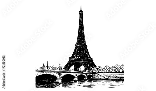 Eiffel Tower and Seine River Bridge Detailed Black and White Architectural Sketch Vector