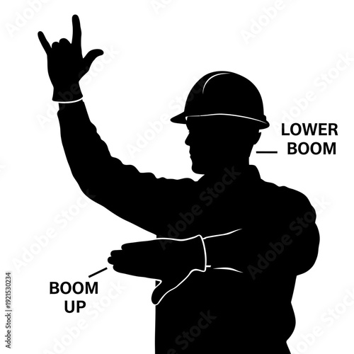 Silhouette of a construction worker signaling with hand gestures, boom up and lower boom.