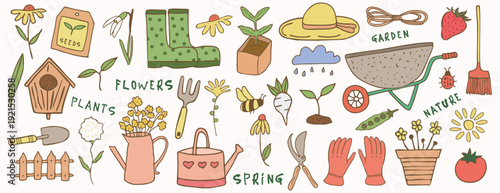 Garden items. Agriculture tools set in hand drawn style for spring work. Farm or planting equipment with plants, seeds, bucket, seedling, pots, gloves. vintage Flat cartoon vectors isolated on white.