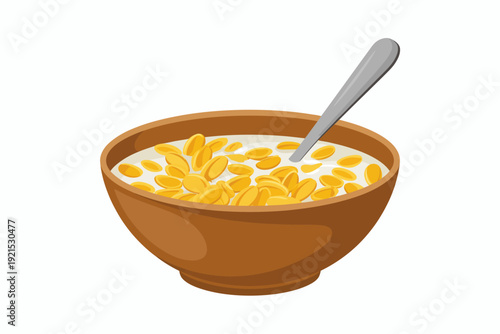 Brown ceramic bowl filled with golden corn flakes and milk with a silver spoon breakfast