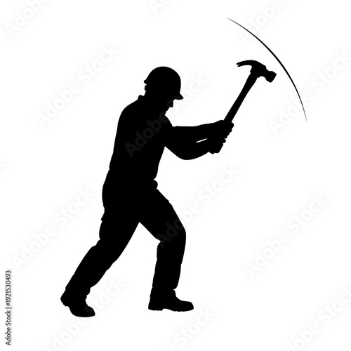 Silhouette of a construction worker swinging a hammer with force.