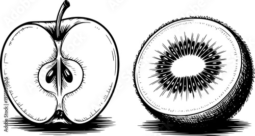 Detailed black and white of a halved apple and a sliced kiwi fruit half