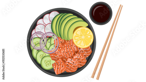 Flat of a salmon poke bowl with avocado cucumber radish lemon and soy sauce food