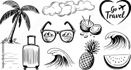 Hand drawn collection of tropical vacation including palm tree suitcase sunglasses coconuts waves pineapple and