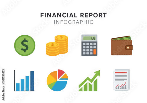 Financial Report Infographic with Icons Icons for Finance, Business, and Analysis