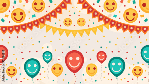 Colorful cartoon party illustration with smiling balloons and bunting flags