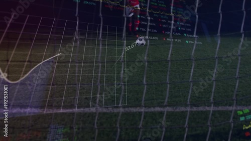 Animation of data processing and statistics over african american football player on pitch