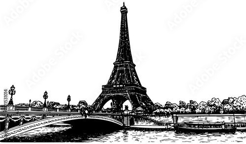 Vintage Style Eiffel Tower Architectural Ink Sketch with Paris Bridge Vector Art